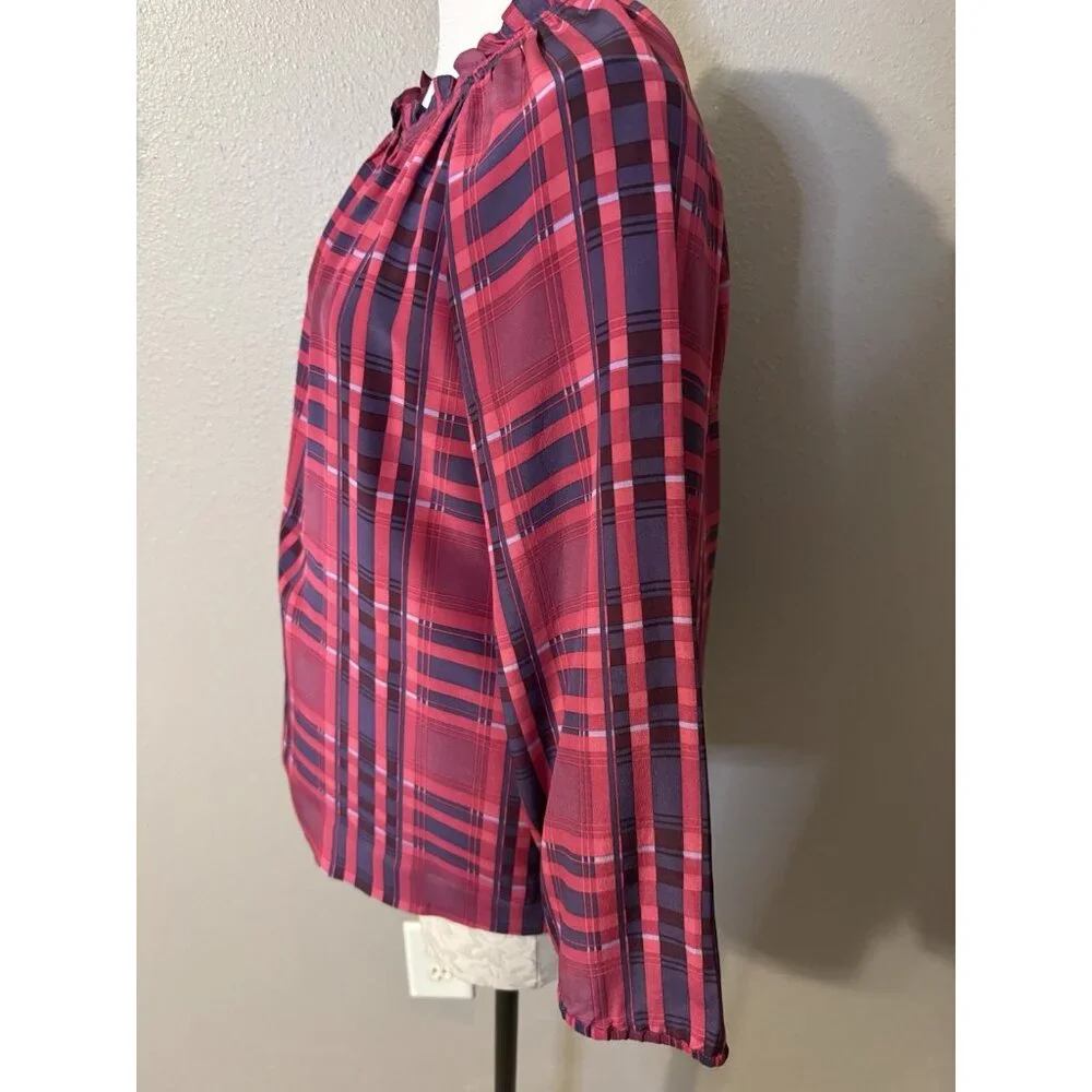 BCBGMAXAZRIA Top Blouse Shirt M Medium SILK Blue Berry Red Plaid Ruffle Trim